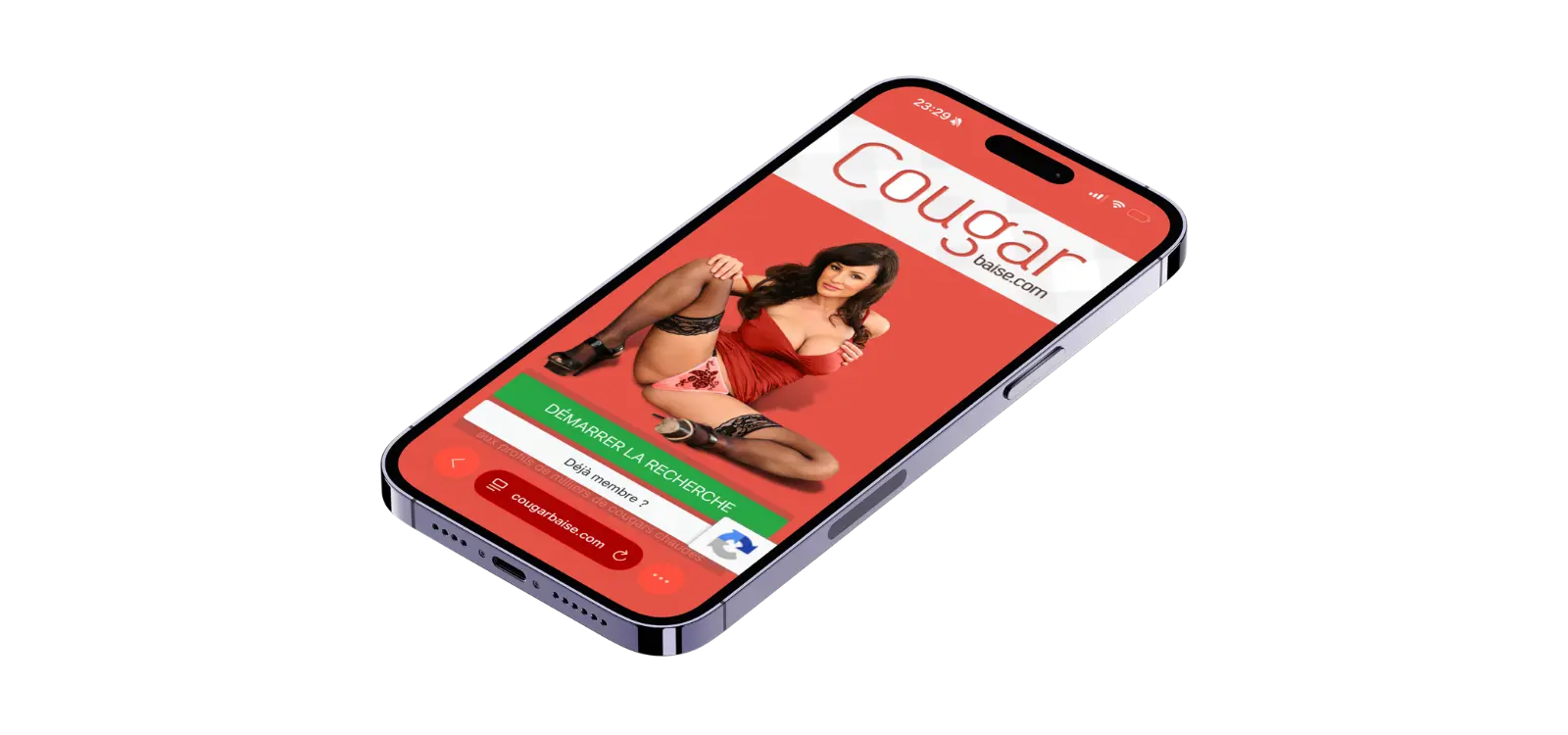 Aperçu de CougarBaise sur smartphone avec page d’accueil consacrée aux rencontres cougar et bouton pour démarrer une recherche.