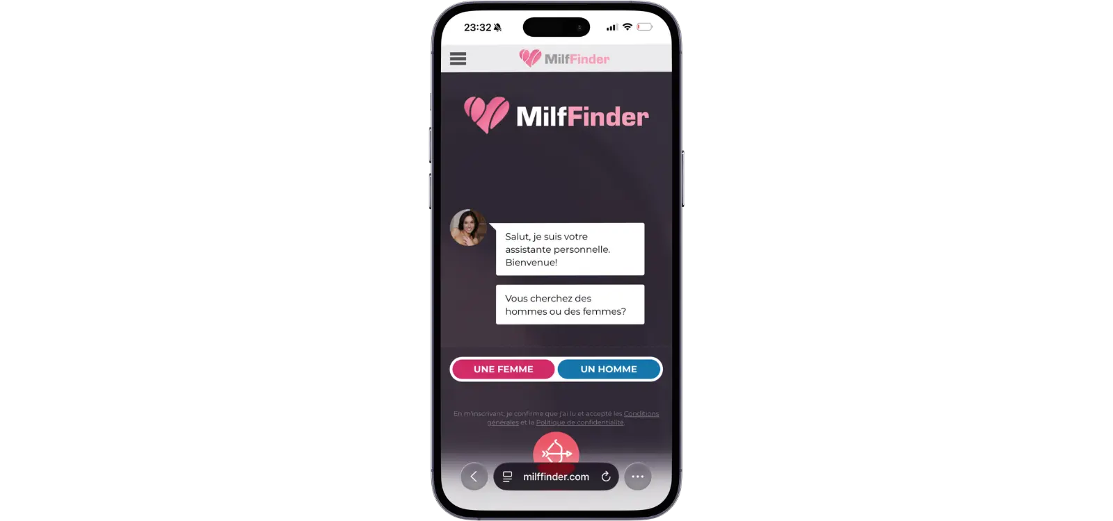 Aperçu de MilfFinder sur smartphone avec assistant de recherche demandant si l’utilisateur souhaite rencontrer des hommes ou des femmes.