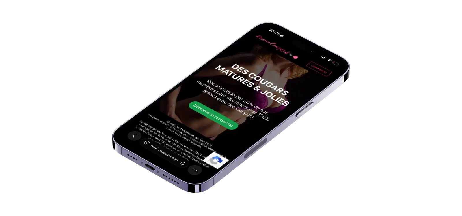 Aperçu de Reserve Cougar sur smartphone avec page dédiée aux rencontres avec des femmes cougars, matures et jolies.