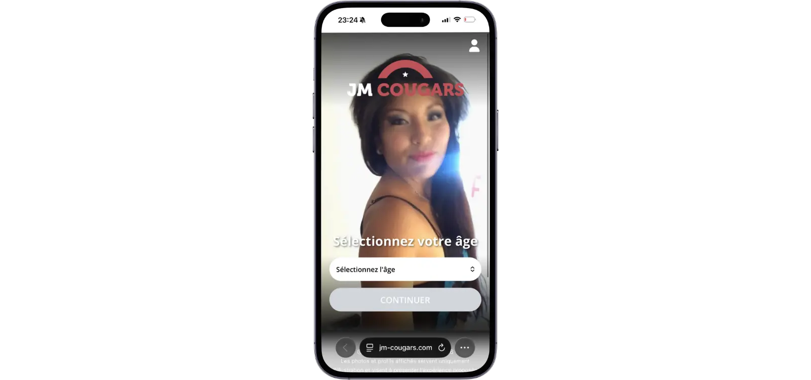 Aperçu de JM Cougars sur smartphone avec formulaire de sélection de l’âge avant de commencer une recherche de rencontres cougar.