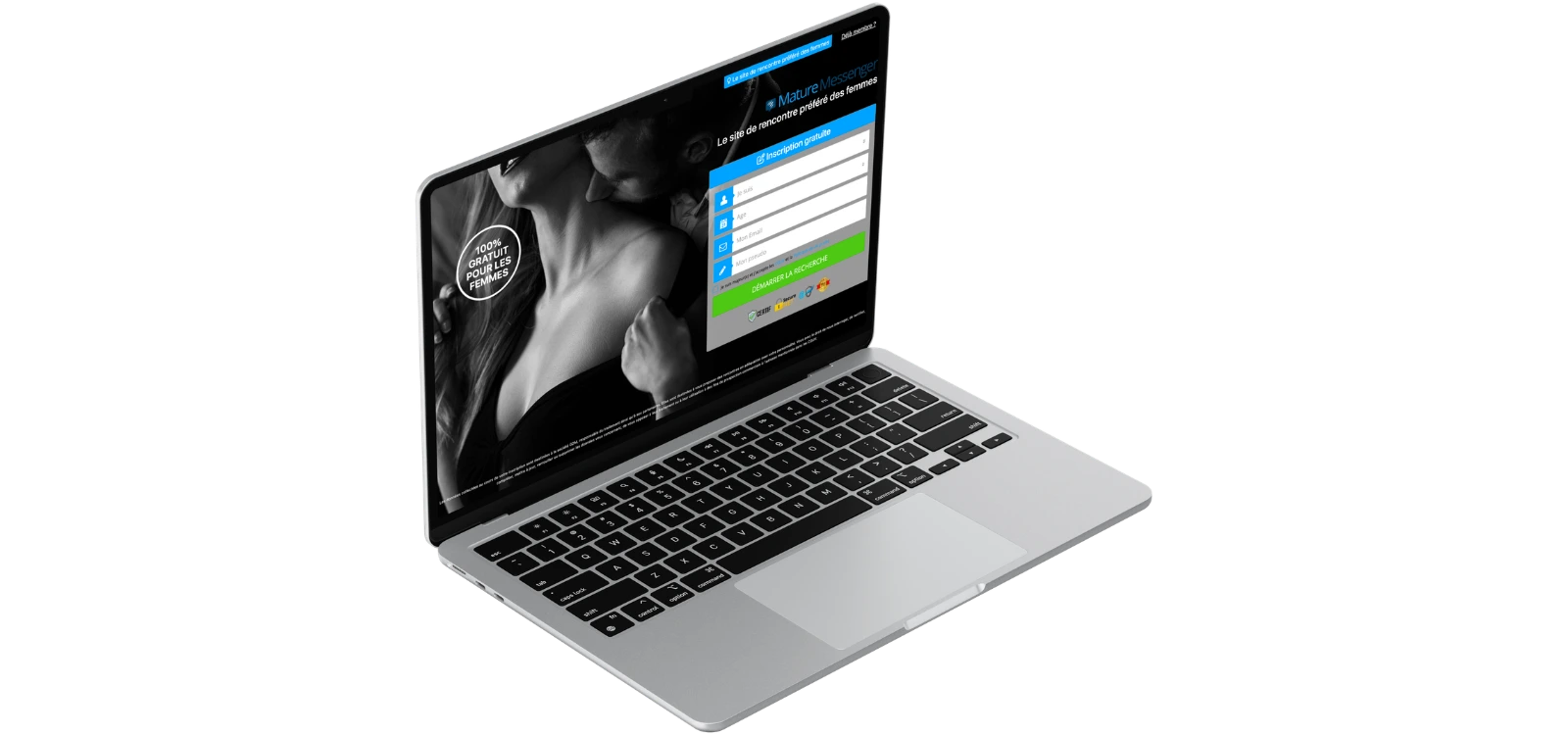 Aperçu de Mature Messenger sur ordinateur avec formulaire d’inscription et interface dédiée aux rencontres avec des femmes matures.