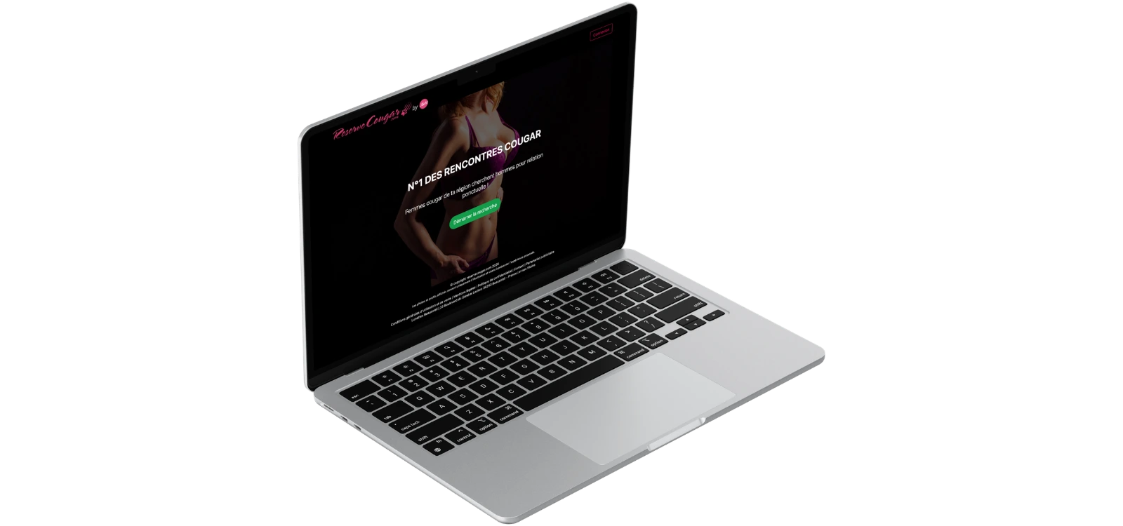 Aperçu de Reserve Cougar sur ordinateur avec page d’accueil dédiée aux rencontres avec des femmes cougars et matures.