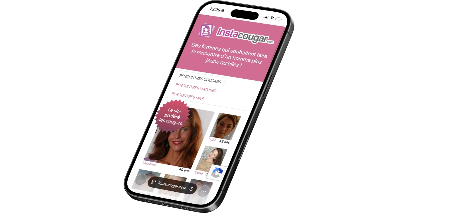 Aperçu d’InstaCougar sur smartphone avec catégories de rencontres cougars, femmes matures et MILF et plusieurs profils féminins.