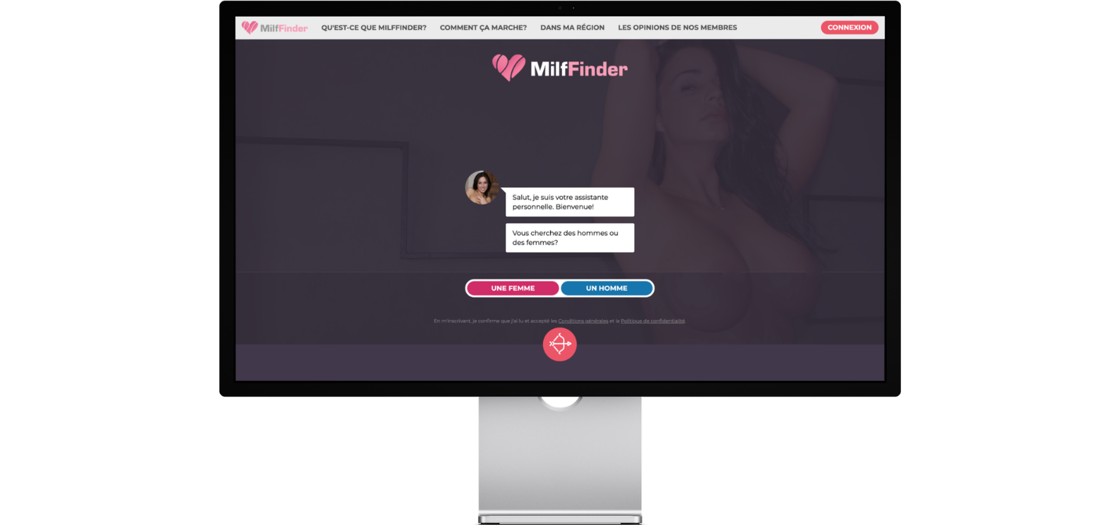 Aperçu de MilfFinder sur ordinateur avec assistant permettant de sélectionner les profils recherchés sur le site de rencontre.