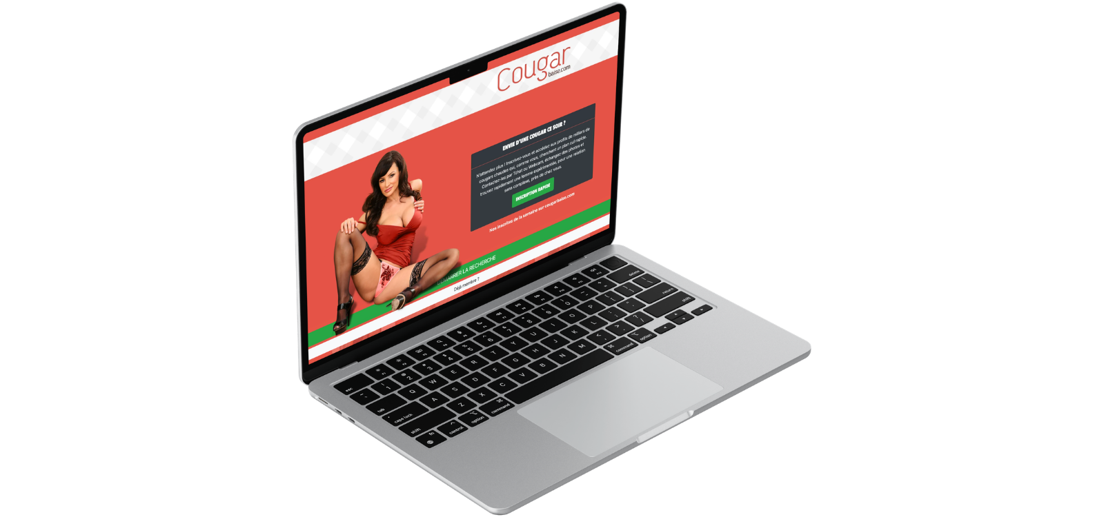 Aperçu du site CougarBaise sur ordinateur avec sa page d’accueil dédiée aux rencontres avec des femmes cougars.