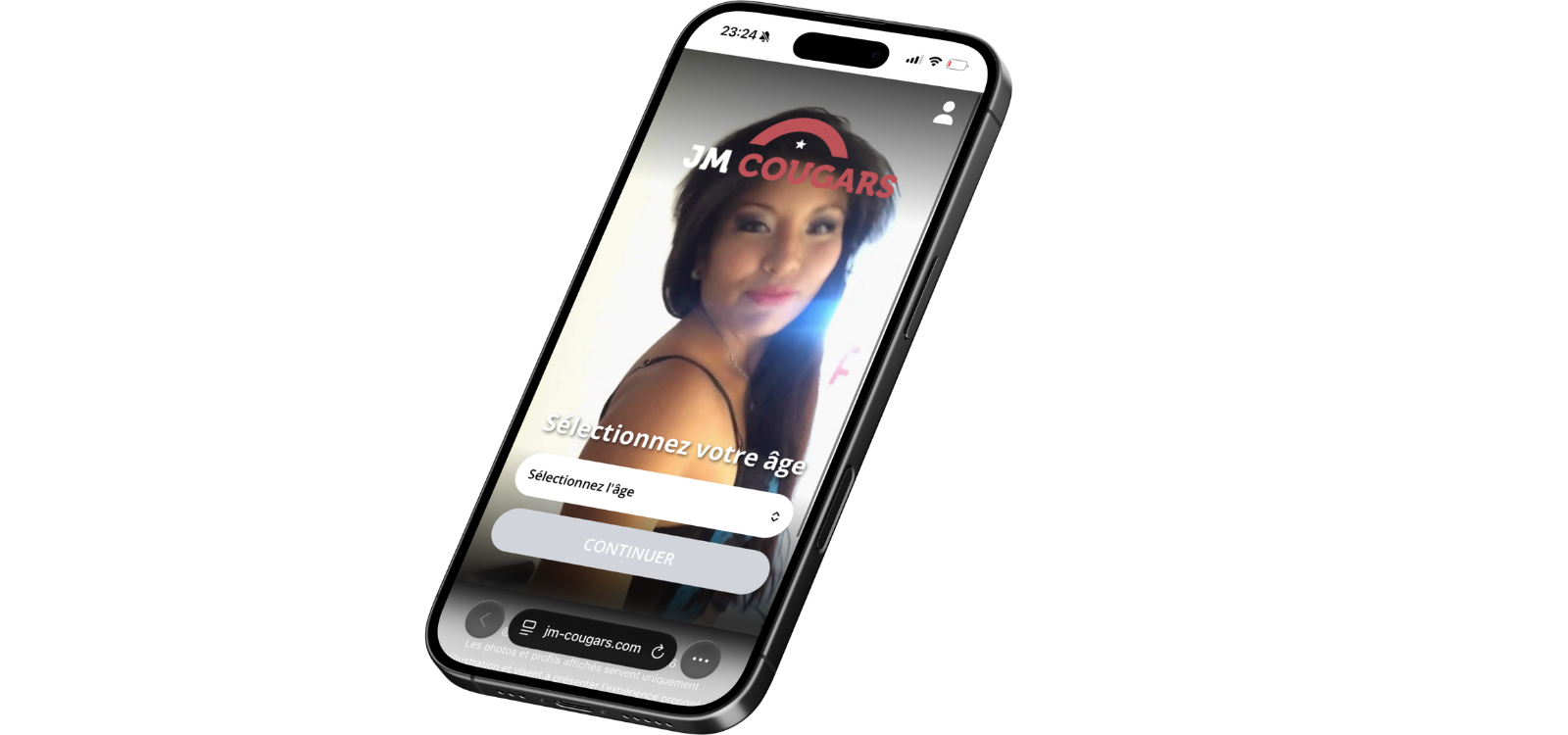 Aperçu de JM Cougars sur smartphone avec écran de sélection de l’âge pour accéder au site de rencontre cougar.