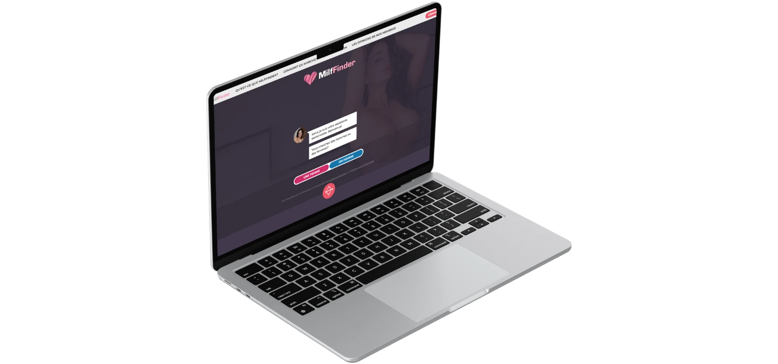 Aperçu du site MilfFinder sur ordinateur avec son interface de recherche de femmes matures et cougars.