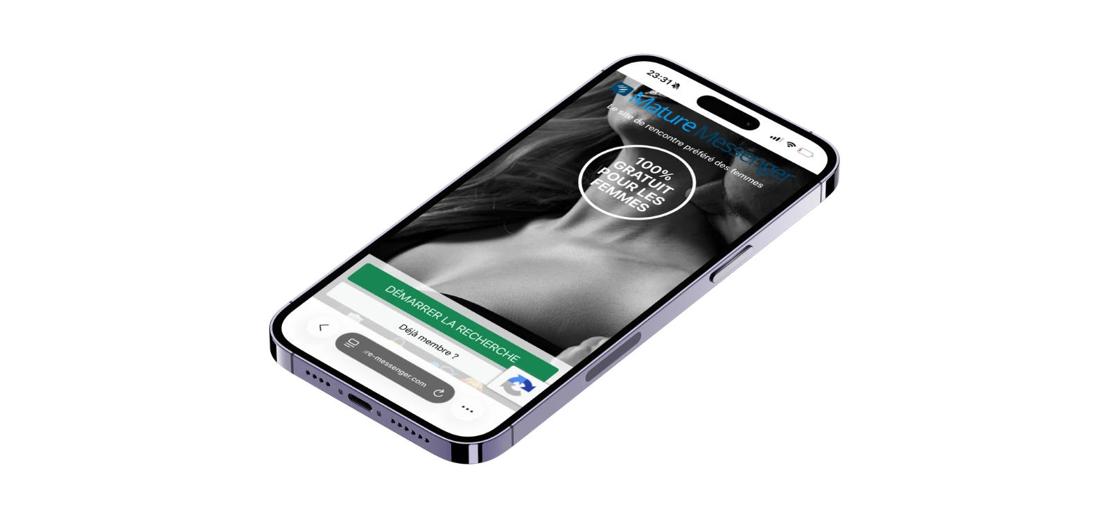 Aperçu de Mature Messenger sur smartphone avec accès à la recherche de rencontres avec des femmes matures.