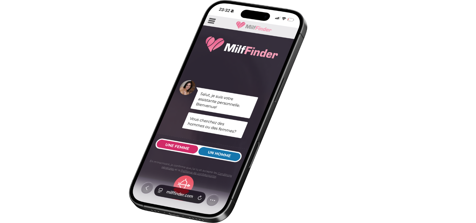 Aperçu de MilfFinder sur smartphone avec son interface permettant de commencer une recherche de rencontres avec des femmes matures.