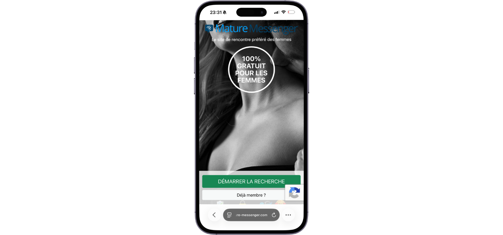 Aperçu de Mature Messenger sur smartphone avec accès à la recherche de rencontres entre adultes et femmes matures.