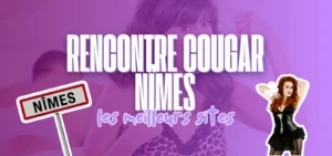 Bannière violette titrée Rencontre cougar Nîmes avec panneau d'entrée de ville et femme en corset