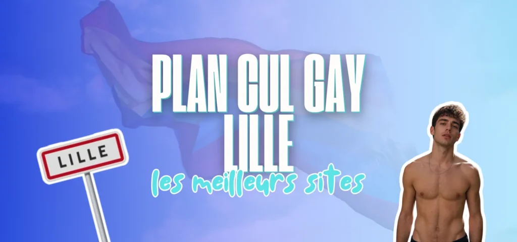 Bannière bleue avec panneau routier Lille, drapeau arc-en-ciel et homme torse nu