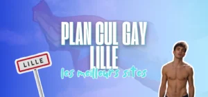 Bannière bleue avec panneau routier Lille, drapeau arc-en-ciel et homme torse nu