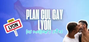 Bannière avec panneau d'entrée de ville Lyon, couple d'hommes s'embrassant et titre Plan cul gay Lyon
