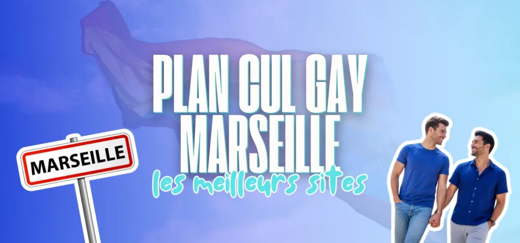 Bannière avec panneau Marseille, drapeau arc-en-ciel et deux hommes se tenant la main