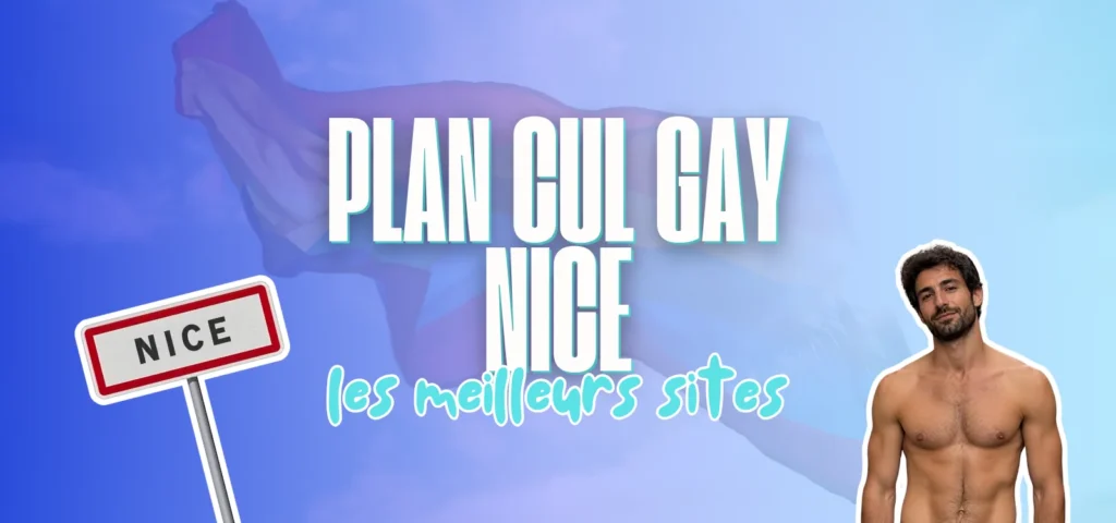 Bannière avec panneau d'entrée de ville Nice et homme torse nu sur fond bleu