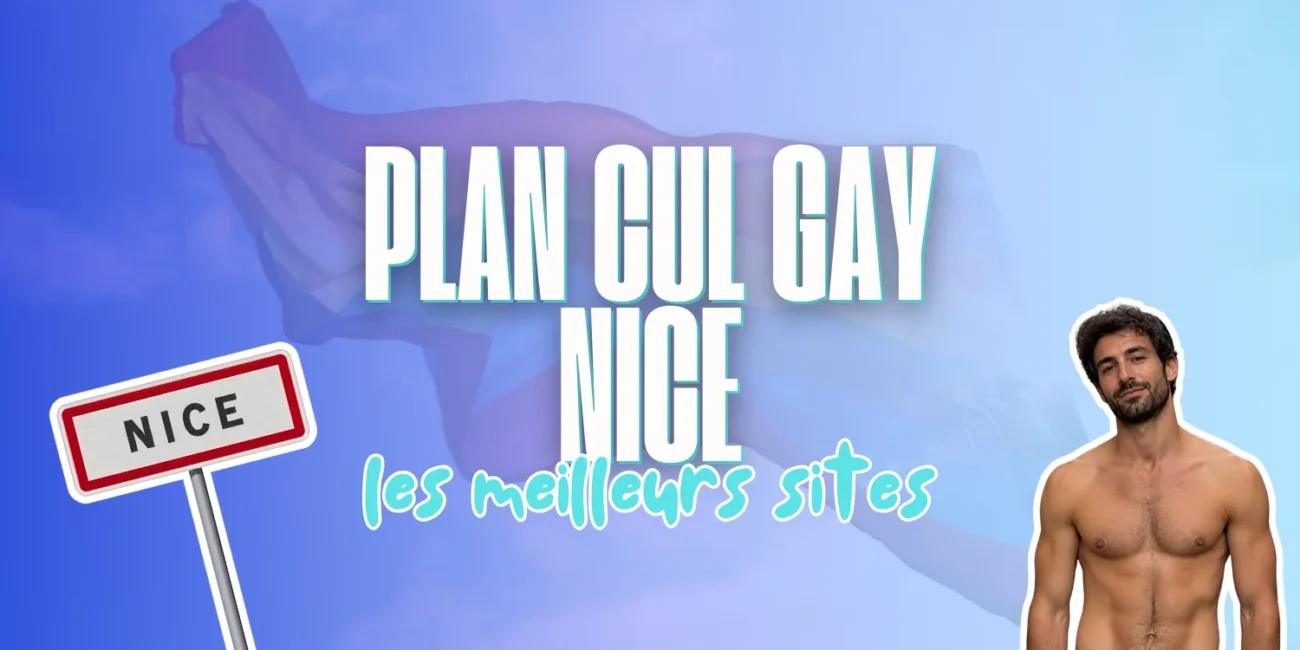 Bannière avec panneau d'entrée de ville Nice et homme torse nu sur fond bleu