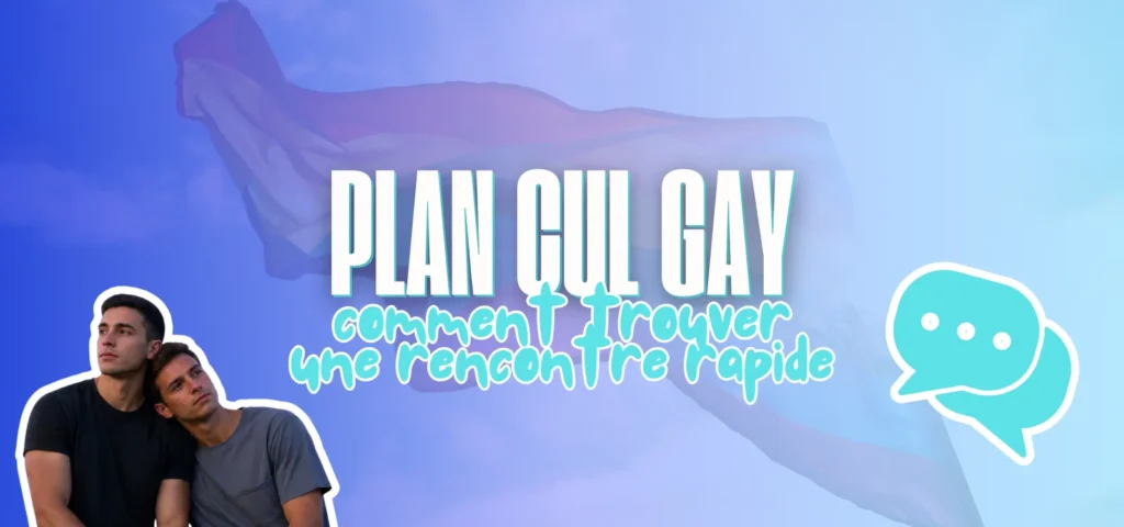 Bannière bleue avec le titre Plan cul gay et deux hommes enlacés en médaillon