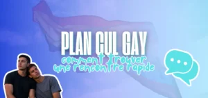 Bannière bleue avec le titre Plan cul gay et deux hommes enlacés en médaillon