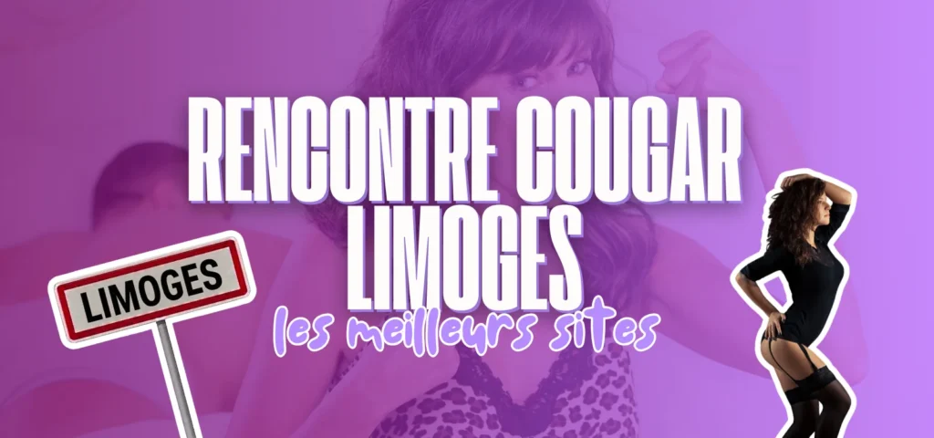 Bannière violette avec titre Rencontre cougar Limoges, panneau routier Limoges et femme en tenue noire