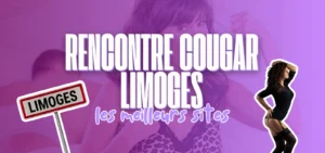 Bannière violette avec titre Rencontre cougar Limoges, panneau routier Limoges et femme en tenue noire