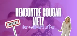 Bannière violette avec panneau routier Metz, femme mature et titre rencontre cougar Metz