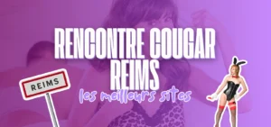 Bannière violette avec titre Rencontre cougar Reims, panneau d'entrée de ville et femme en lingerie