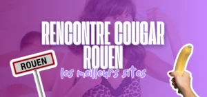 Bannière violette titrée Rencontre cougar Rouen les meilleurs sites avec panneau Rouen et banane