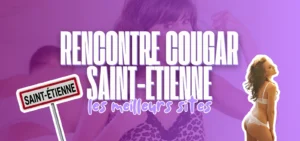 Bannière violette avec panneau Saint-Étienne, femme en lingerie et titre rencontre cougar