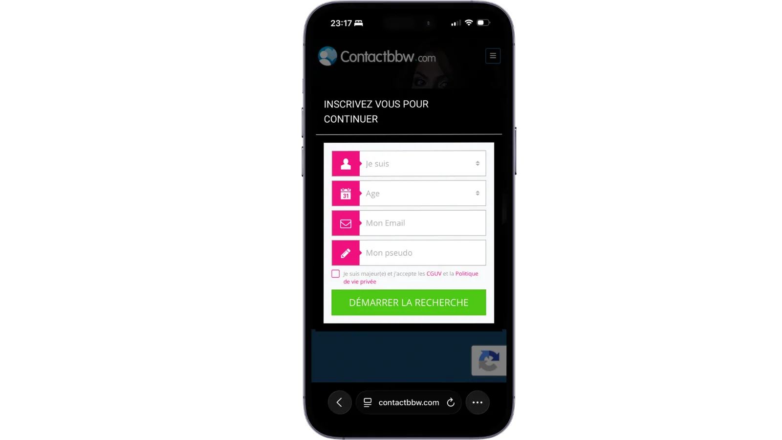 Inscription et création de profil sur Contact BBW