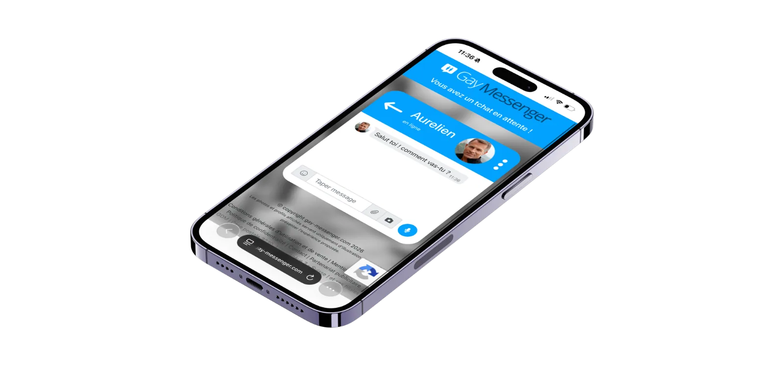 Smartphone montrant une conversation Gay Messenger avec un message reçu d'Aurelien en ligne