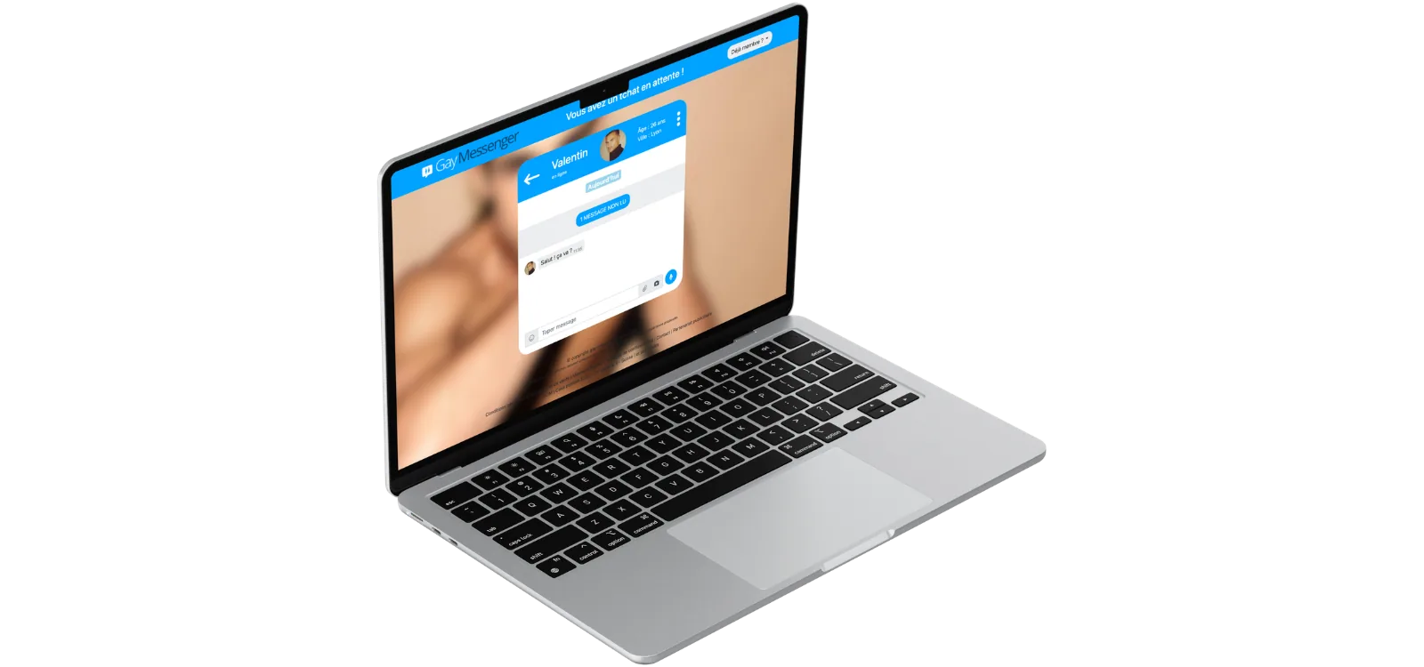 Ordinateur portable affichant la conversation Gay Messenger avec le profil Valentin, 26 ans, Lyon