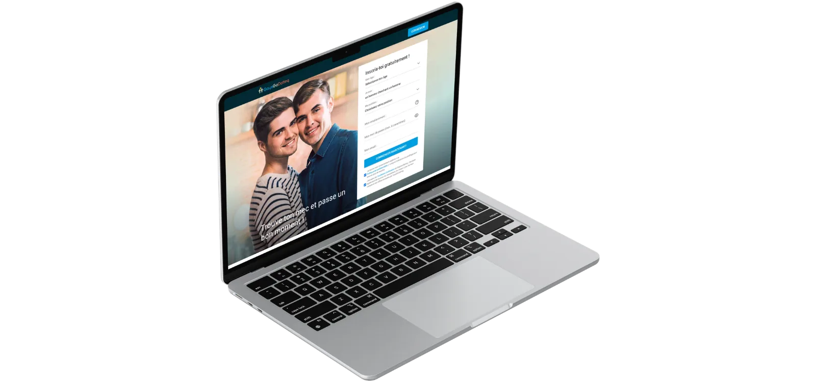 Ordinateur portable affichant le formulaire d'inscription gratuite du site GayGoDating