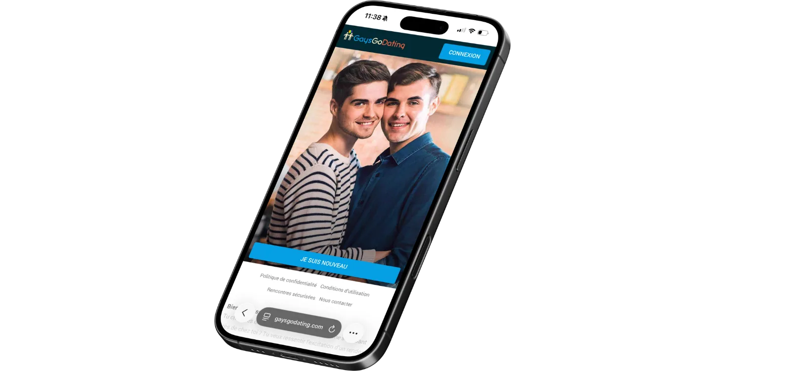 Smartphone affichant l'accueil de GaysGoDating avec deux hommes souriants et bouton d'inscription