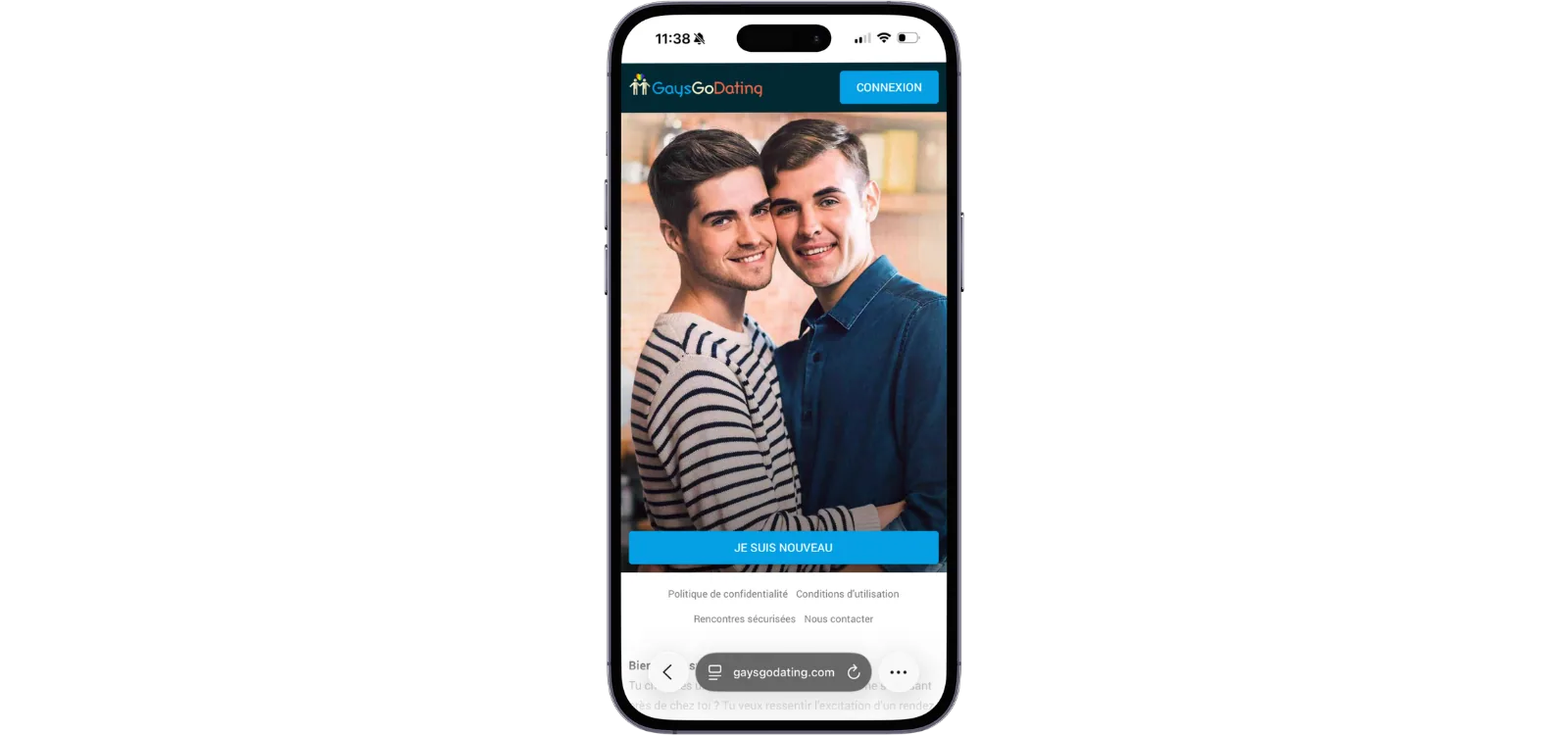 Écran de smartphone avec la page GaysGoDating, photo de deux hommes souriants et bouton Je suis nouveau