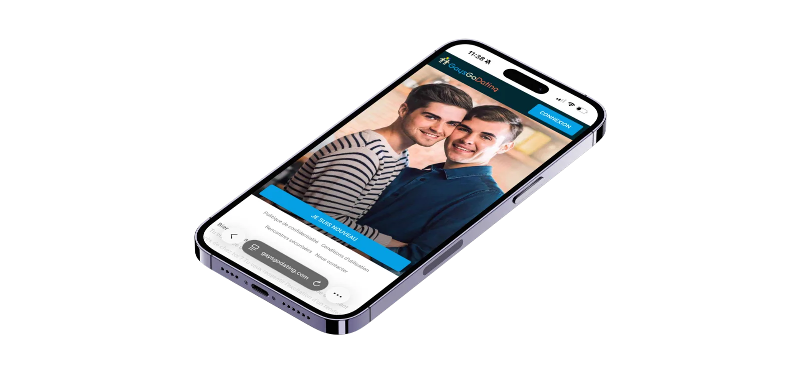 Smartphone montrant la page d'accueil GaysGoDating avec photo de couple et bouton connexion