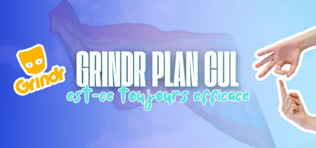 Bannière bleue avec logo Grindr, titre Grindr plan cul et deux mains illustrant un geste