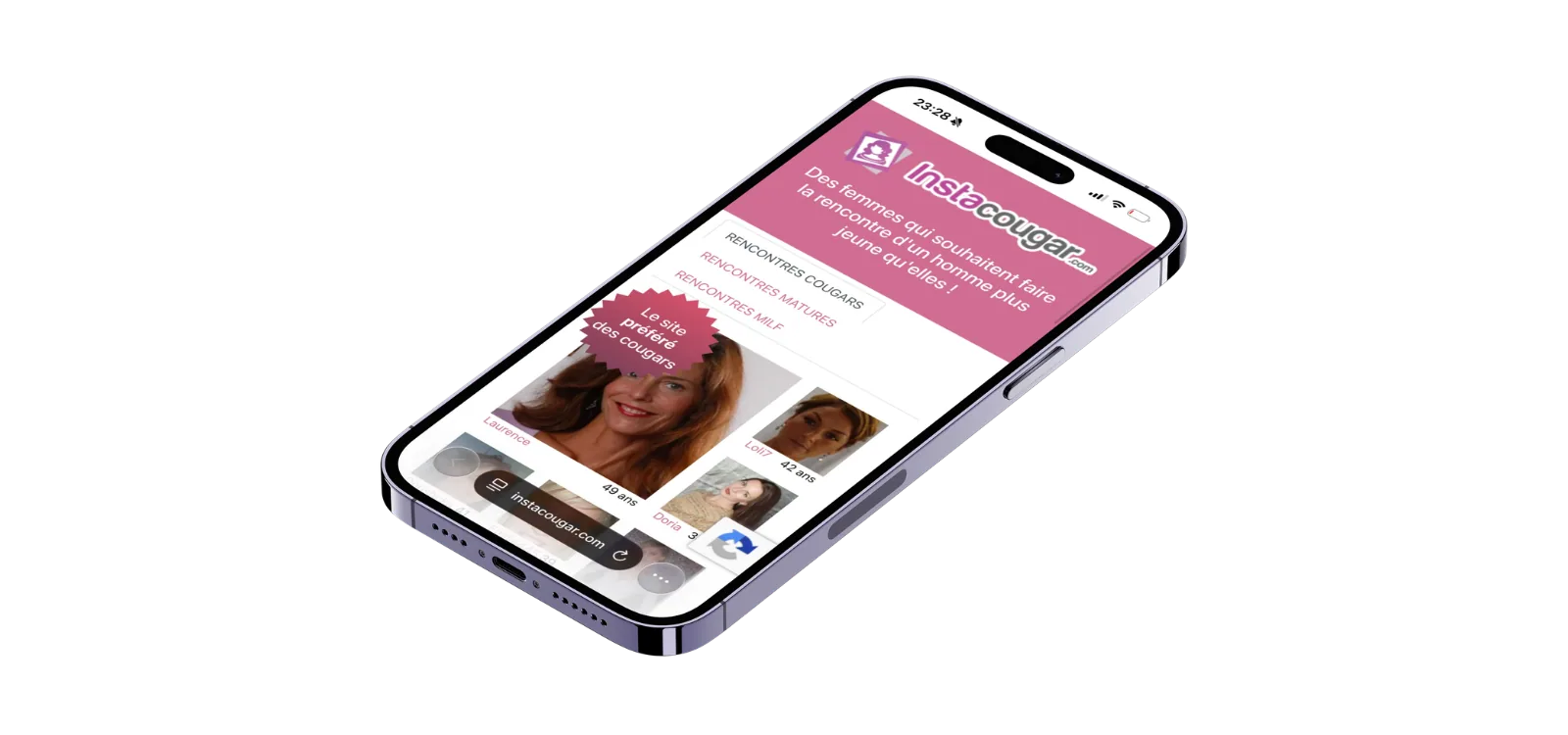 Téléphone montrant Instacougar avec profils de femmes de 42 et 49 ans et onglets de recherche