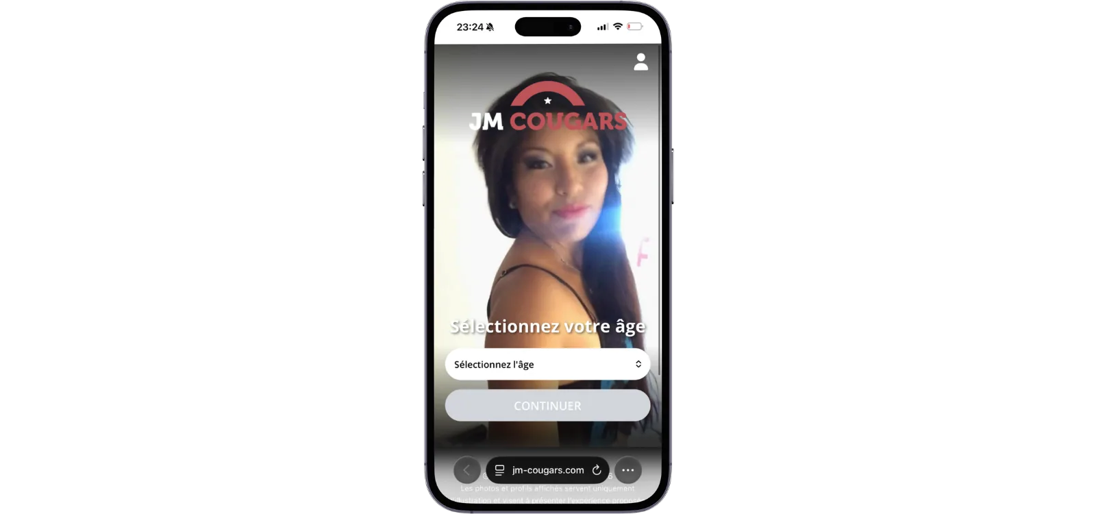 Smartphone affichant la page JM Cougars demandant de sélectionner son âge avant de continuer