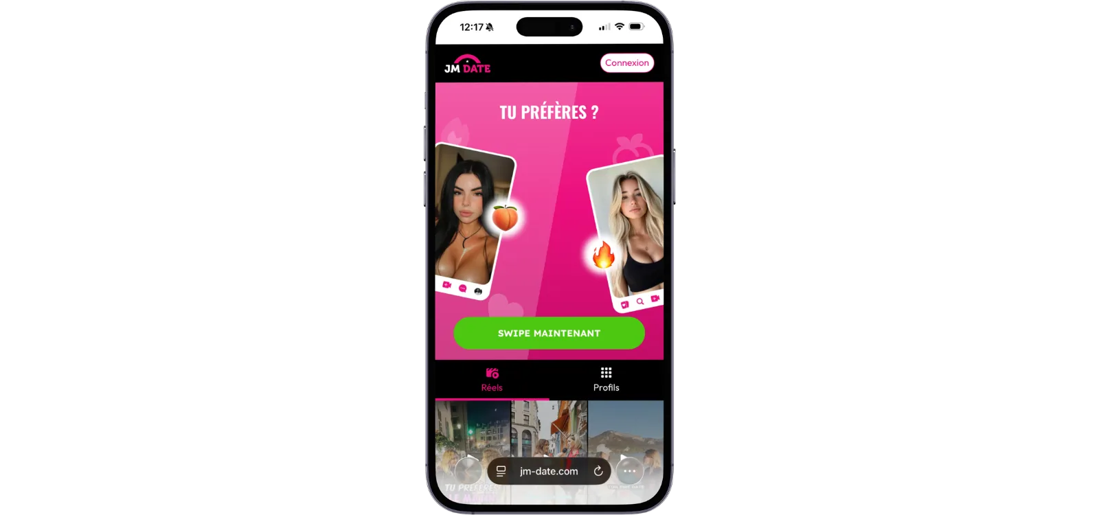 Smartphone affichant JM Date avec deux profils féminins à comparer et bouton swipe maintenant