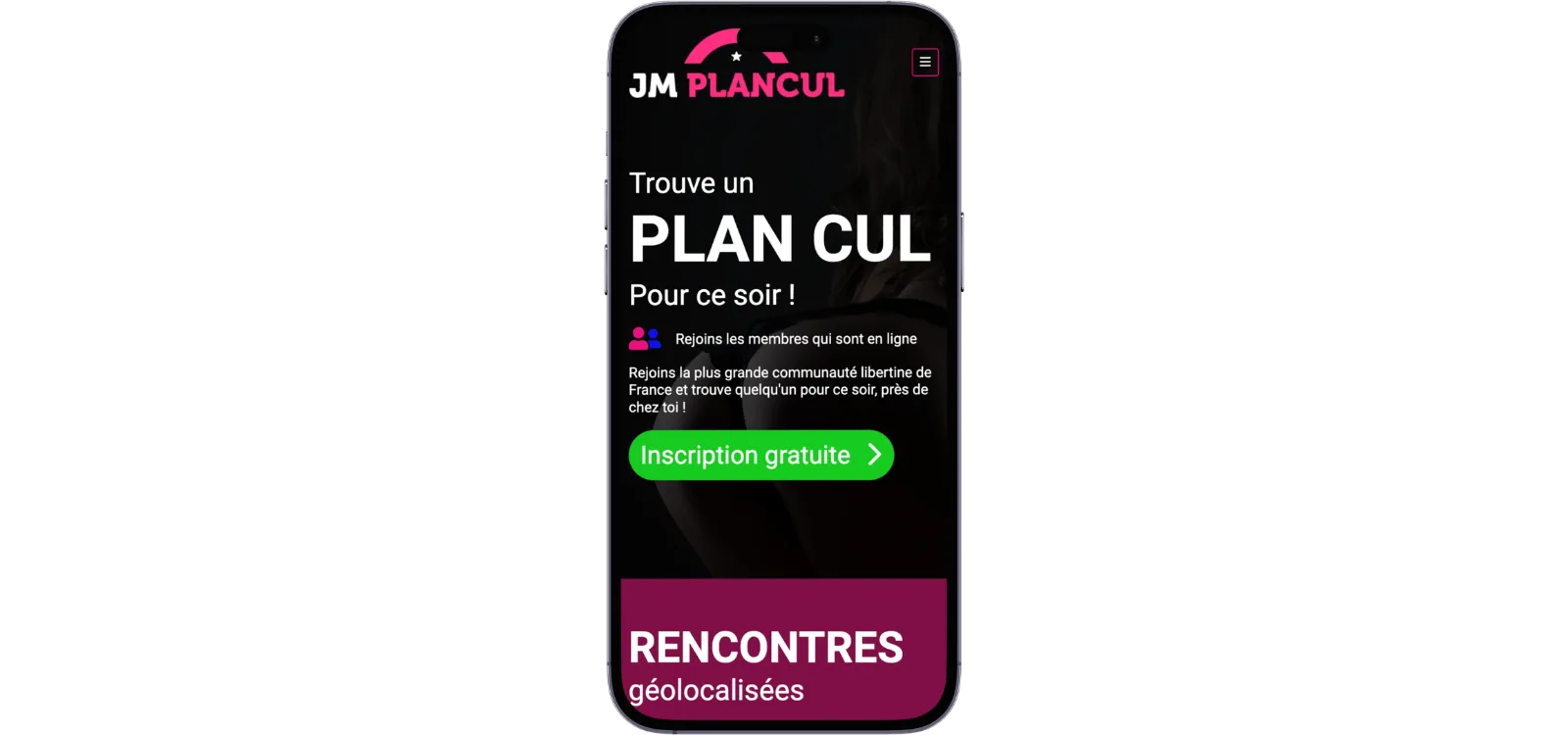 Écran de smartphone montrant la page d'accueil de JM Plancul avec bouton d'inscription gratuite