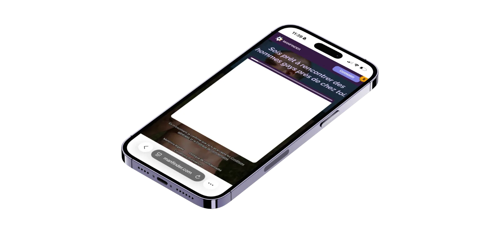 Téléphone incliné affichant la page d'inscription Manfinder et son accroche pour rencontrer des hommes gays