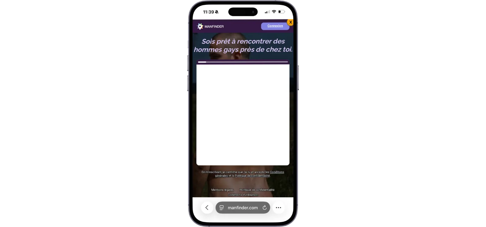 Smartphone affichant la page d'inscription Manfinder avec barre de progression et accroche violette