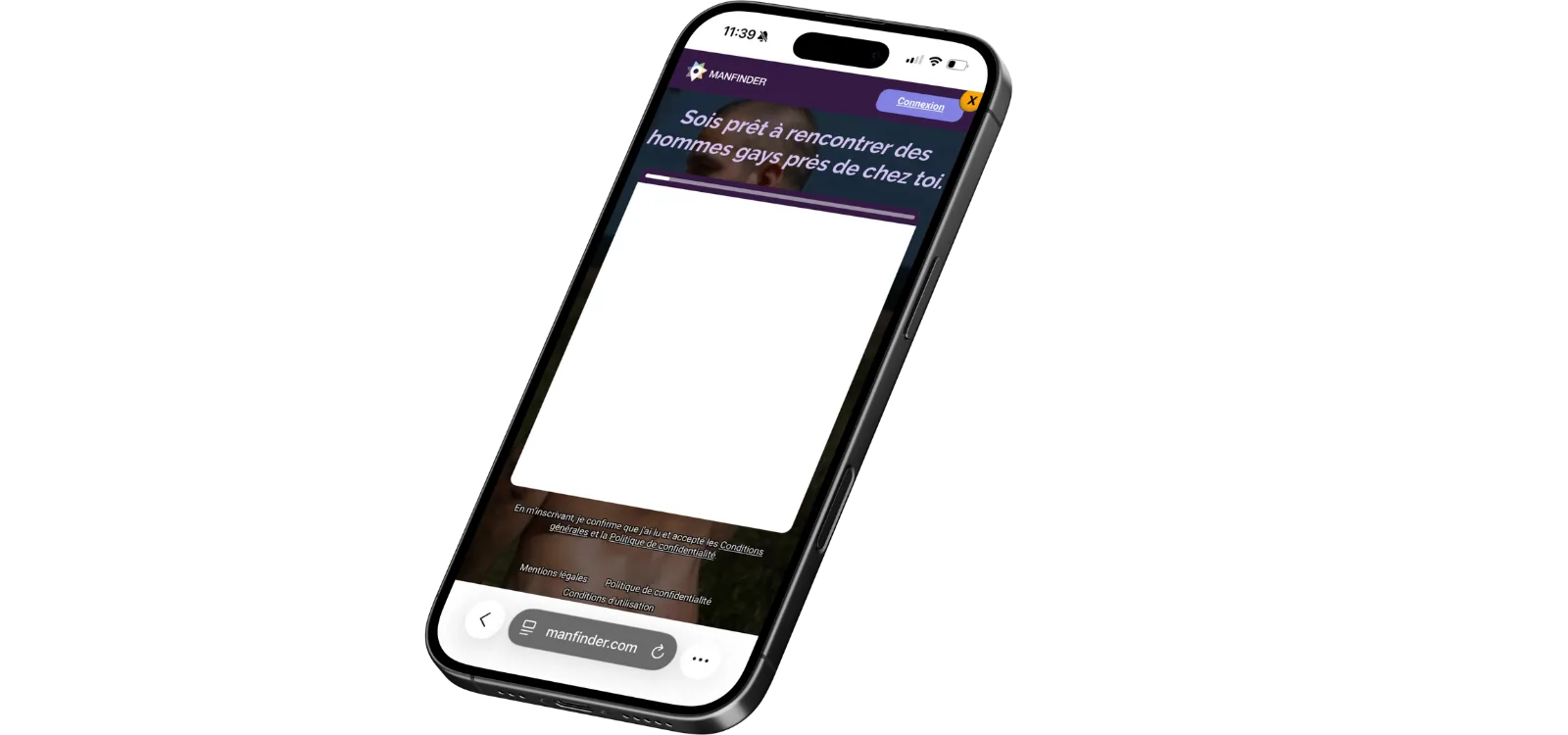 iPhone affichant le site Manfinder avec accroche pour rencontrer des hommes gays proches