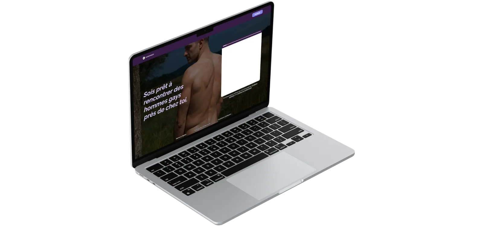 Ordinateur portable affichant l'accueil de ManFinder avec un homme torse nu et un slogan