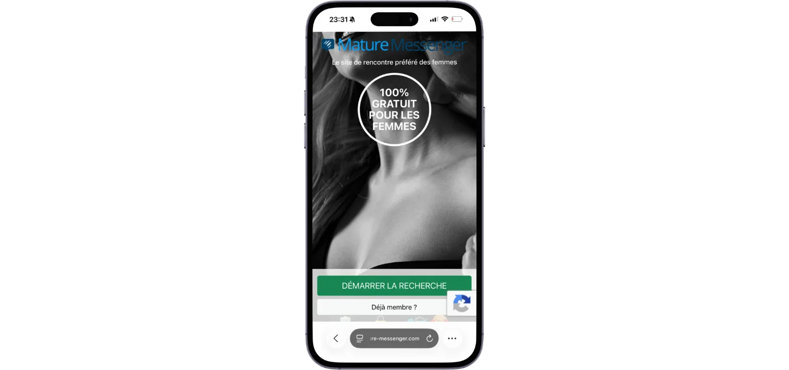 Smartphone affichant Mature Messenger, médaillon 100% gratuit pour les femmes et bouton de recherche vert