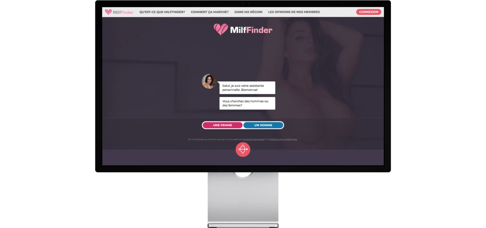Écran de bureau affichant MilfFinder avec un chat d'accueil et boutons Une femme ou Un homme