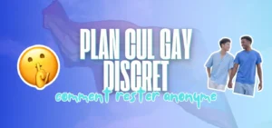Bannière bleue avec titre Plan cul gay discret, emoji chut et deux hommes souriants