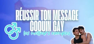 Bannière bleue avec le titre Réussir ton message coquin gay, symbole masculin double et couple d'hommes enlacés