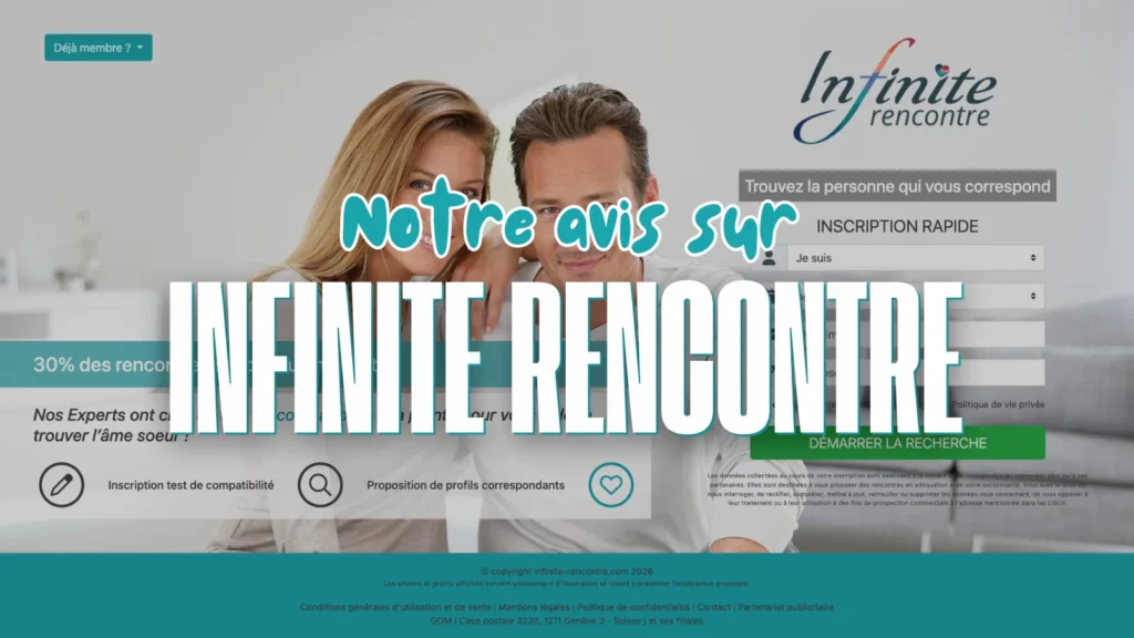 Bannière du site Infinite Rencontre avec un couple souriant et un formulaire d'inscription rapide